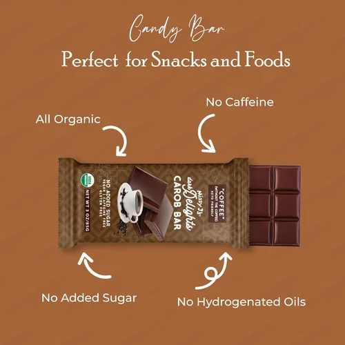 Vista 4 de Missy J's Organic Carob Dark Delights - Barra de caramelo de café sin azúcar, 3 onzas, paquete de 12 unidades, vegano, sin gluten y cafeína