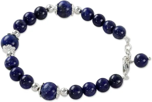 Vista 3 de NOVICA Lapislázuli Plata de ley 925 pulsera con abalorio, 7.75," "Deep floral