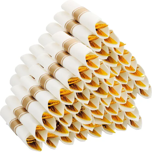 Vista 12 de Juego de 50 cubiertos de plástico dorado preenrollados con servilletas, juego de cubiertos desechables envueltos resistentes para bodas, fiestas