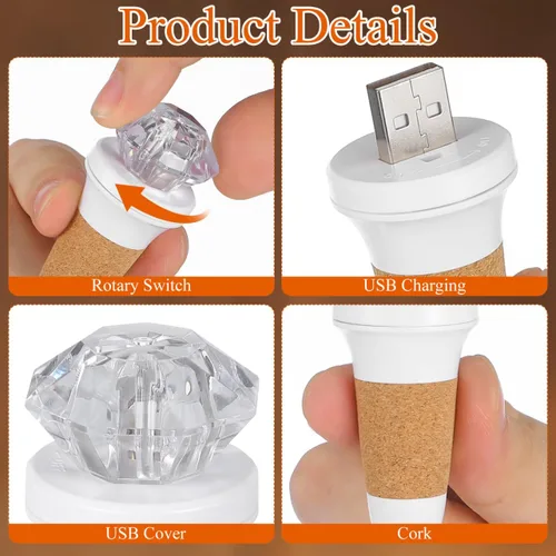 Vista 6 de Uonlytech 2 luces de corcho para botella de vino con tira de luces, luces recargables por USB, luces de botella de destello de luz de diamante