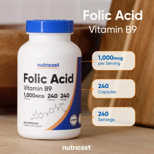 Vista 6 de Nutricost ácido fólico (Vitamina B9) 1000 mcg, 240 Cápsulas, 1 botella, 1