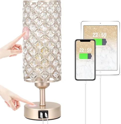 Vista 14 de Lámpara de mesa de cristal, lámpara dorada para dormitorio con puertos de carga USB-C y USB-A, luz regulable de 3 vías con pantalla de cristal