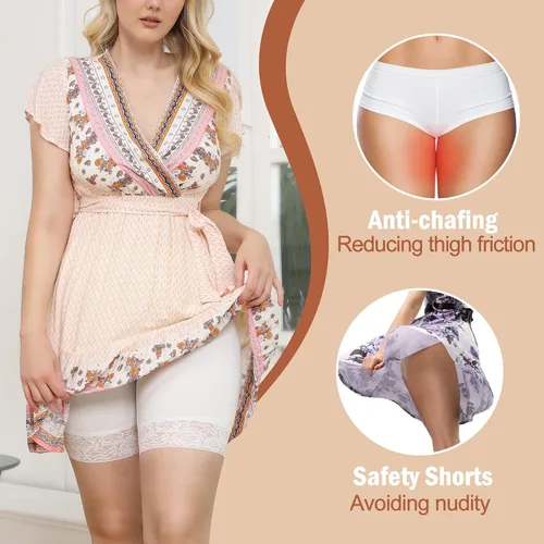 Vista 3 de Yeblues Paquete de 3 pantalones cortos de encaje para debajo de los vestidos, pantalones cortos suaves antirozaduras, ropa interior sin costuras