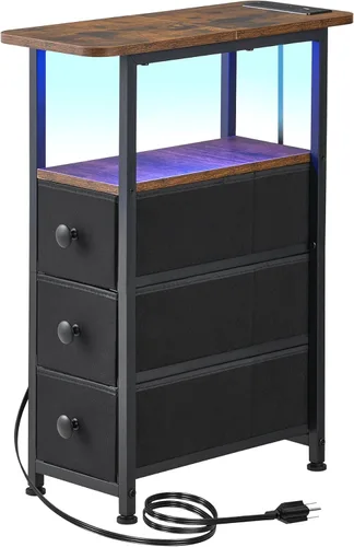 Vista 11 de DALEMHOME Mesa auxiliar estrecha con estación de carga, mesa auxiliar estrecha con cajón, mesita de noche pequeña con luz LED, mesita de noche Negro