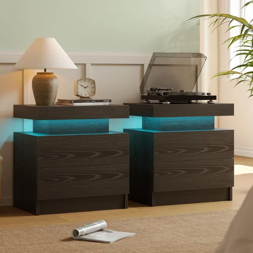 Vista 13 de Juego de 2 mesitas de noche con 2 cajones de madera, moderna mesita de noche LED para dormitorio