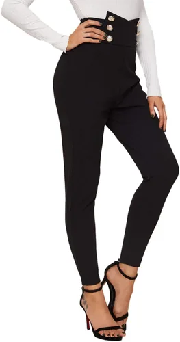 Vista 3 de SweatyRocks Women's Casual Skinny Leggings Stretchy High Waisted Work Pants Button Black