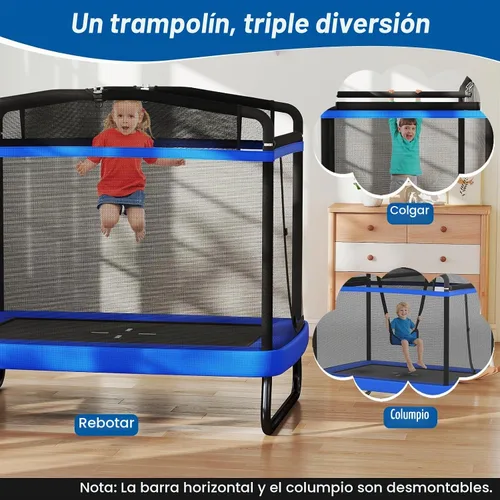 Vista 2 de GYMAX Cama Elástica para Niños, de 70” para Niños Pequeños con Columpio Desmontable, Barra Horizontal y Red de Protección Completa, Cama Elástica