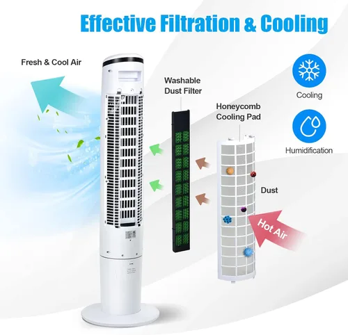 Vista 6 de ARLIME Enfriador de aire evaporativo, ventilador de torre de enfriamiento portátil 3 en 1 con control remoto, oscilación de 70°, 3 velocidades