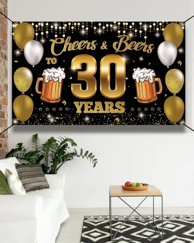 Vista 6 de Cartel de fondo de "Cheers & Beers to 30 Years", decoraciones de feliz cumpleaños 30 para hombres y mujeres, decoración de 30 aniversario
