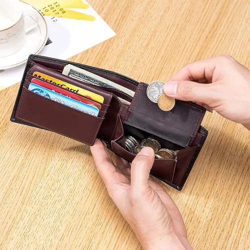 Vista 9 de OFAMOUS Cartera de cuero para hombre con bolsillo para monedas, ventana de identificación abatible, bloqueo RFID, billetera delgada con bolsillo