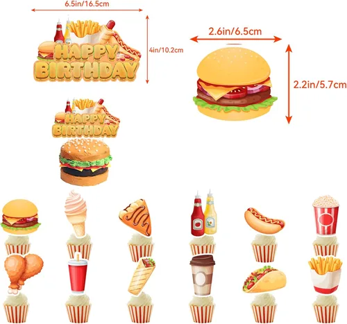 Vista 4 de Decoraciones de fiesta de comida rápida, papas fritas, pizza, hamburguesa, pollo frito, hot dog, suministros de fiesta, incluye pancarta