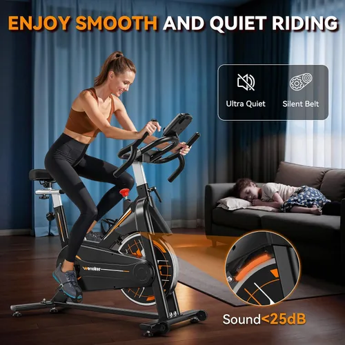 Vista 5 de Exercise Bike, Wenoker Stationary Bike for Home App Sync Indoor Bike with Adjustable Seat and Multi-grips Handlebar, Transport Wheels and Fitness