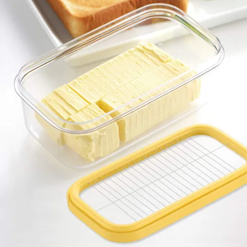 Vista 5 de Mantequillera rectangular con tapa con cortador para cortar y almacenar fácilmente, caja de mantequilla para refrigerar, contenedor de mantequilla