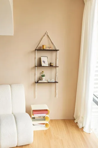 Vista 5 de Mkono Estante colgante de pared de macramé, estantes flotantes de madera de 3 niveles con bonita cuerda tejida, decoración bohemia para habitación