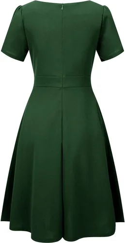 Vista 6 de Elegante vestido vintage de los años 50 con cuello en V y ribete festoneado para mujer, vestido de trabajo casual acampanado con bolsillos 755