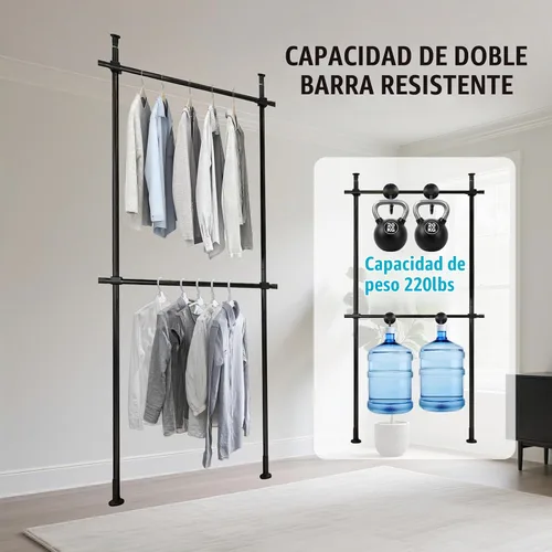 Vista 3 de Perchero de doble barra resistente, perchero ajustable de piso a techo, 2 barras transversales de 220 libras de capacidad cada una, acero al carbono