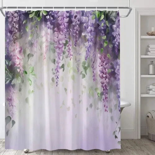 Vista 2 de Cortina de ducha con flores florales de otoño, acuarela, naranja, lavanda, vid, hojas de otoño amarillas sobre fondo borroso con decoración de baño