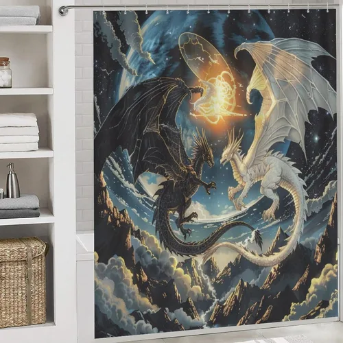 Vista 5 de Juego de 4 cortinas de ducha con diseño de dragón y luna de fantasía, juego de decoración de baño con alfombras, tapete de baño, cortina de ducha