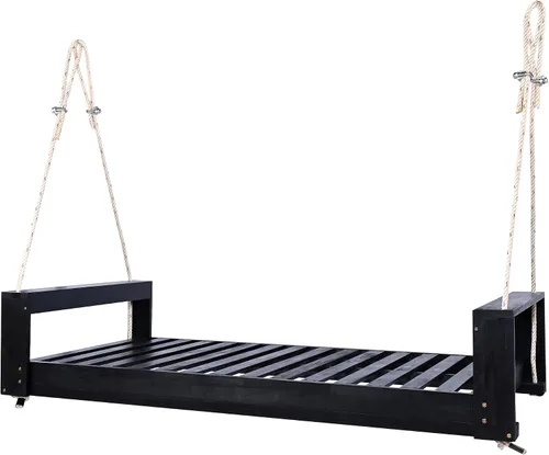 Vista 4 de Twin Size Porch Swing Bed Seating Group, Patio Acacia Wood Swing Frame with Hemp Ropes for Garden, Backyard, Yard, Lawn, Tree (Black-QN01)
