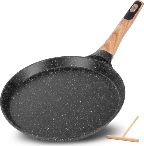 Vista 10 de NutriChef - Sartén para crepes de 24 cm (9.45 pulgadas) antiadherente con esparcidora de madera, sartén Dosa de mármol recubierto duradero, mango