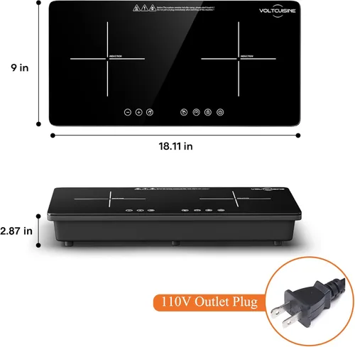 Vista 2 de Quemador de inducción doble de 1800 W, panel de patrón cruzado mínimo, 2 zonas de cocción de 900 W, control táctil, 8 niveles de potencia