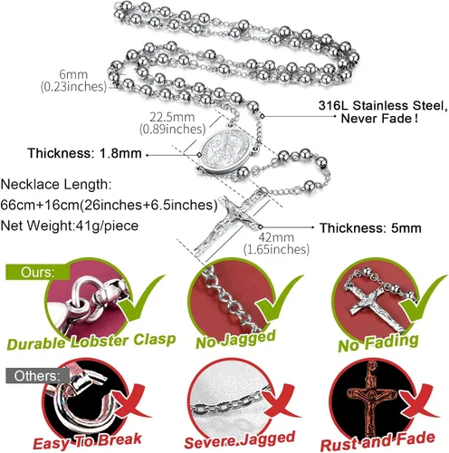 Vista 4 de FaithHeart Christian Rosary Bead Cross Necklace for Women Men, Stainless Steel Praying Rosary Y Necklace Jewelry, Gift Box