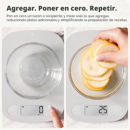 Vista 4 de Greater Goods Báscula de alimentos – Báscula digital de cocina, precisión de 1g (0.035 oz), tara fácil y conversión rápida, diseño compacto delgado