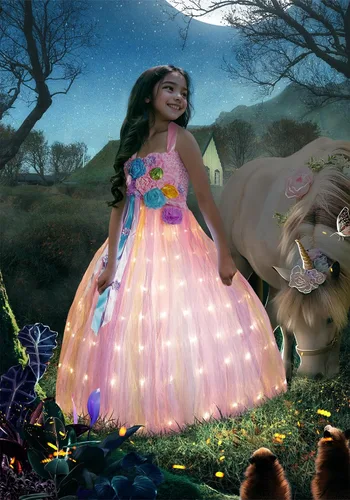 Vista 2 de UPORPOR Light Up Dress Fairy Halloween Costume for Girls Princess Tulle Birthday Dress LED Costume Kids Toddler Dress Rainbow