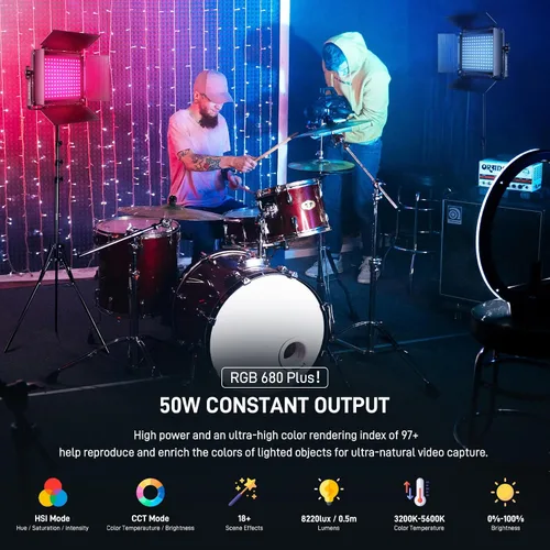 Vista 2 de GVM - Luz de video LED RGB con kits de iluminación, panel de luz LED 680RS 50W con control Bluetooth, 2 paquetes de iluminación de fotografía