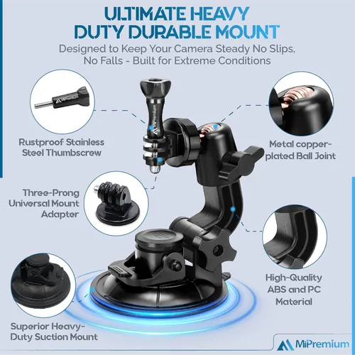 Vista 7 de MiPremium Soporte de ventosa de coche para GoPro Hero 13 12 11 10 9 8 7 6 5 4 3 3+ 2 sesiones negro plata XIAOYI 4K SJCAM Yi deportes acción cámara
