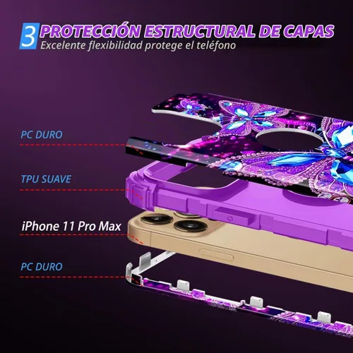 Vista 4 de Miqala Funda para iPhone 11 Pro Max, que brilla en la oscuridad, tres capas, resistente, a prueba de golpes, protección de cuerpo completo Mariposa