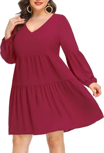 Vista 5 de Pinup Fashion Vestido tipo túnica de otoño para mujer, talla grande, manga larga, cuello en V, casual, holgado, con volantes