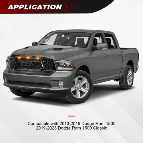 Vista 2 de Rejilla frontal negra brillante compatible con Dodge Ram 1500 2013-2018, Ram 1500 Classic 2019-2023, con luces ámbar (sin letra "RAM")