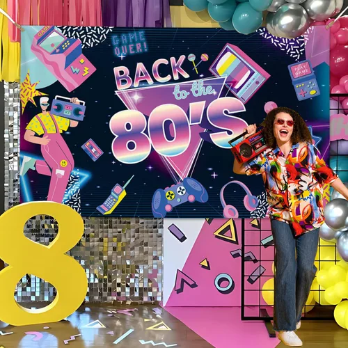 Vista 3 de Pancarta de fondo de fiesta temática de los años 80 de 6 x 3.6 pies, diseño retro de videojuegos, decoración de fiesta de cumpleaños de los años 80