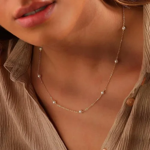 Vista 3 de Delicado collar de perlas chapado en oro de 14 quilates, bonito collar de perlas individuales elegante gargantilla de perlas pequeñas delicadas