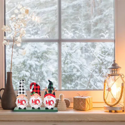 Vista 6 de Ovootok Decoración navideña para el hogar, letrero de madera rústica con gnomos Ho Ho Ho, decoración navideña de mesa para sala de estar, mesa