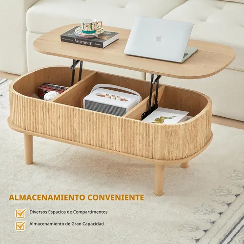 Vista 5 de Mesa de centro con parte superior acanalada totalmente montada con compartimento oculto, mesa central de madera, moderna mesa de elevación ovalada