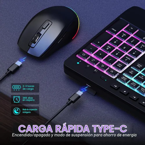 Vista 4 de Combo de teclado y mouse inalámbricos: teclado recargable VEILZOR 2.4G con soporte para teléfono, reposamuñecas ergonómico, 9 efectos