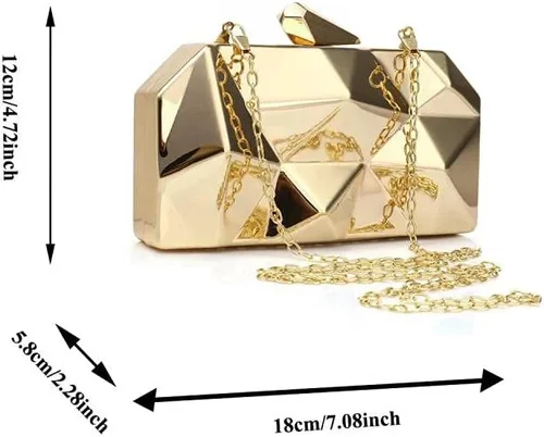 Vista 4 de Bolso de noche de metal con patrón geométrico de celosía para mujer, para boda, novia, graduación, bolso cruzado con cadena