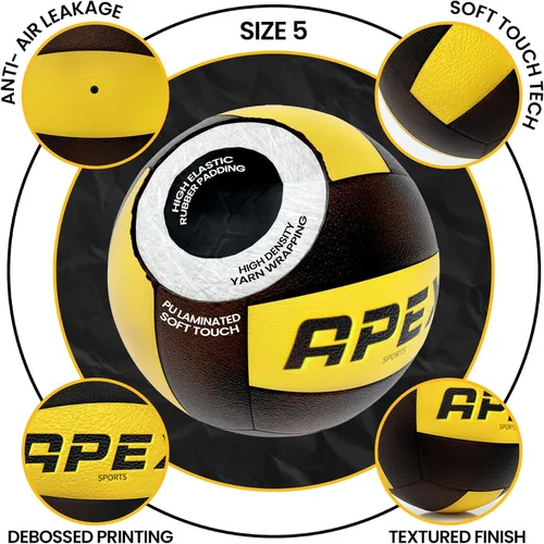 Vista 6 de Apex Sports Voleibol profesional - Tamaño y peso oficiales, calidad premium, alta visibilidad, negro y amarillo, ideal para juegos competitivos