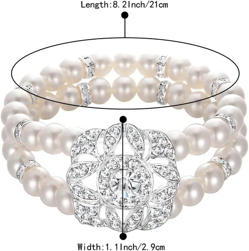 Vista 6 de BriLove Pulsera elástica vintage con halo de doble hilera de perlas de imitación de cristal para boda para mujer