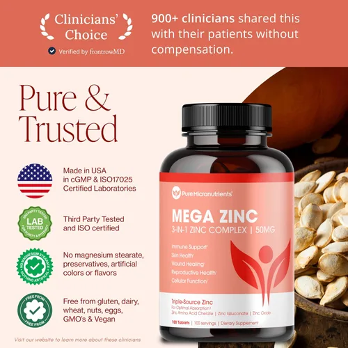 Vista 2 de Mega Zinc Supplement, 50mg - Complejo de Zinc 3 en 1 - 100 Tabletas - Pure Micronutrients