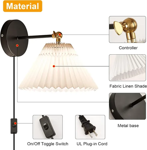 Vista 7 de Aplique de pared con enchufe, juego de 2 luminarias de luz de pared blanca con enchufe, lámpara de pared con cable de enchufe e interruptor