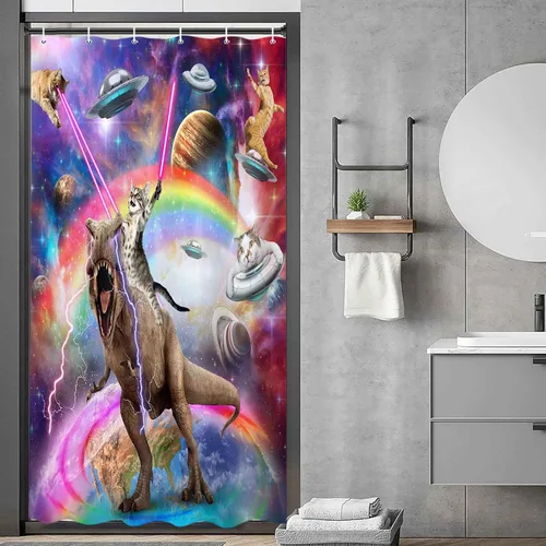 Vista 12 de Divertida cortina de ducha con diseño de gato con gorila en la selva, decoración de baño de animales humorísticos en blanco y negro, juego