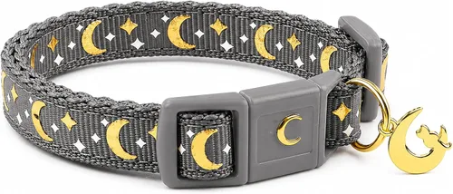 Vista 16 de waaag - Collar de seguridad para gato, con diseño de lunas y estrellas doradas, brilla en la oscuridad