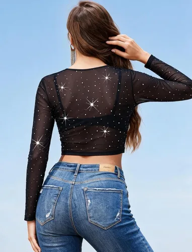 Vista 6 de ADOME Camiseta básica de malla transparente para mujer, talla XS-4XL, Negro