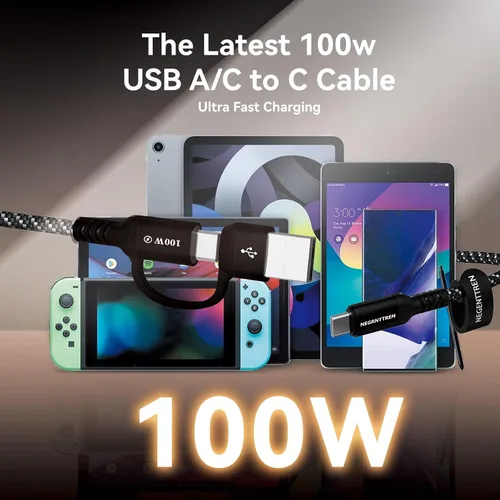 Vista 5 de Cable USB C a C 2 en 1 de 100 W (6 pies, paquete de 2), cable de carga rápida 5A tipo A a C, cable de carga USB C trenzado de nailon para iPhone 16