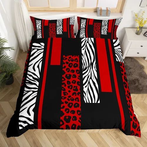 Vista 4 de Juego de funda de edredón con estampado de leopardo, tamaño individual, juego de ropa de cama rústica con rayas de piel de cebra, decoración