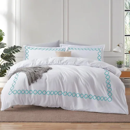 Vista 31 de BedDecor: Enchanted Oasis - Juego de funda de edredón de 3 piezas de 600 hilos de algodón egipcio con bordado de cuadrifolio, ultra suave