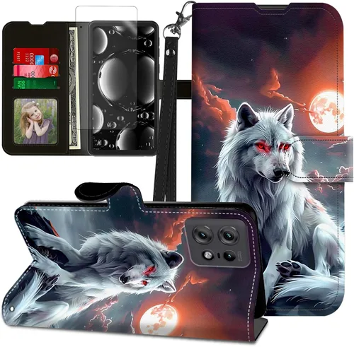 Vista 231 de Funda para Motorola Edge 2022 con protector de pantalla, soporte y tarjetero y correa para la muñeca, funda magnética para Moto Edge 2022 5G UW Lobo